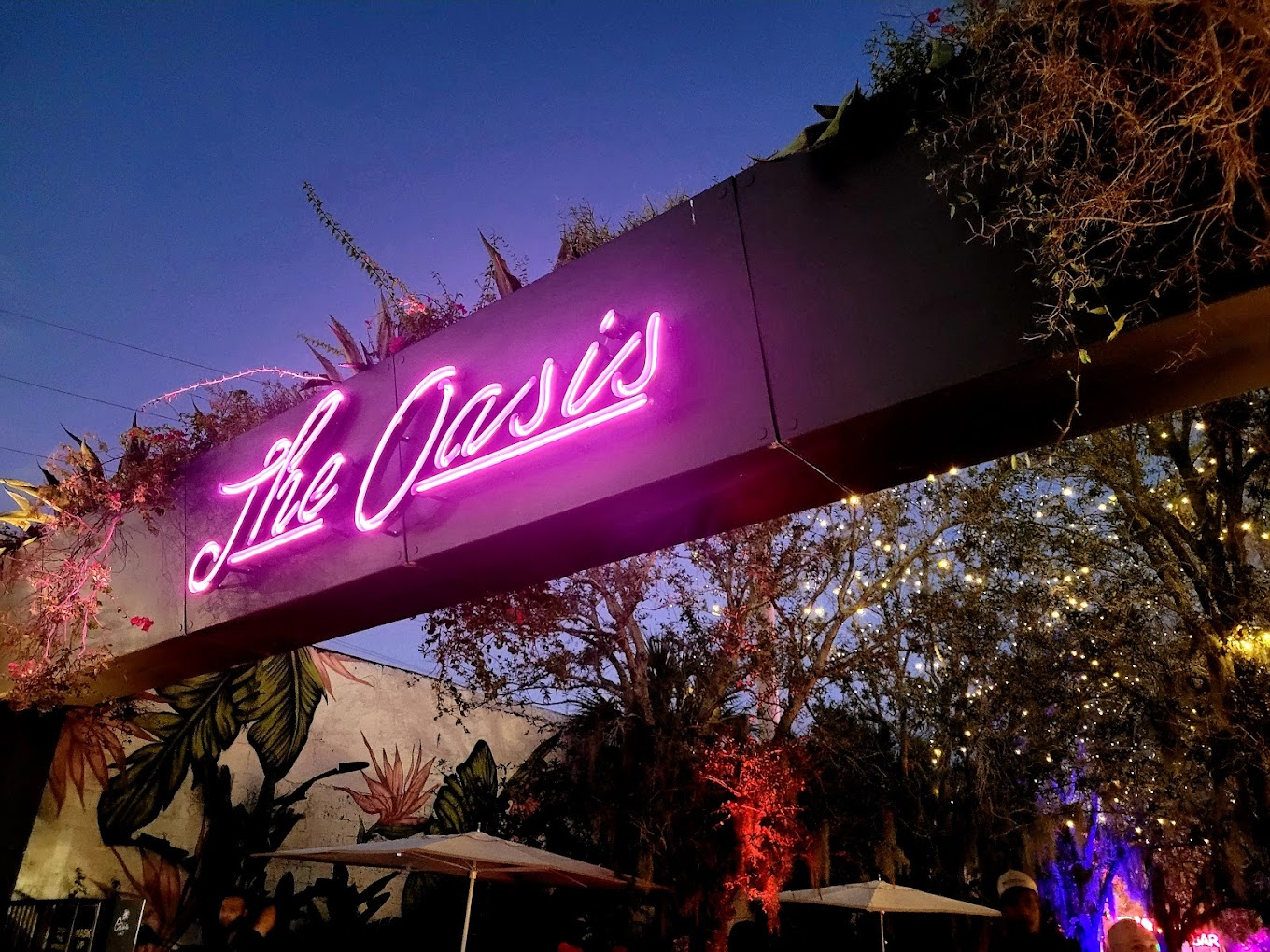 Neon 'The Oasis' entrance sign with surrounding trees and string lights at dusk